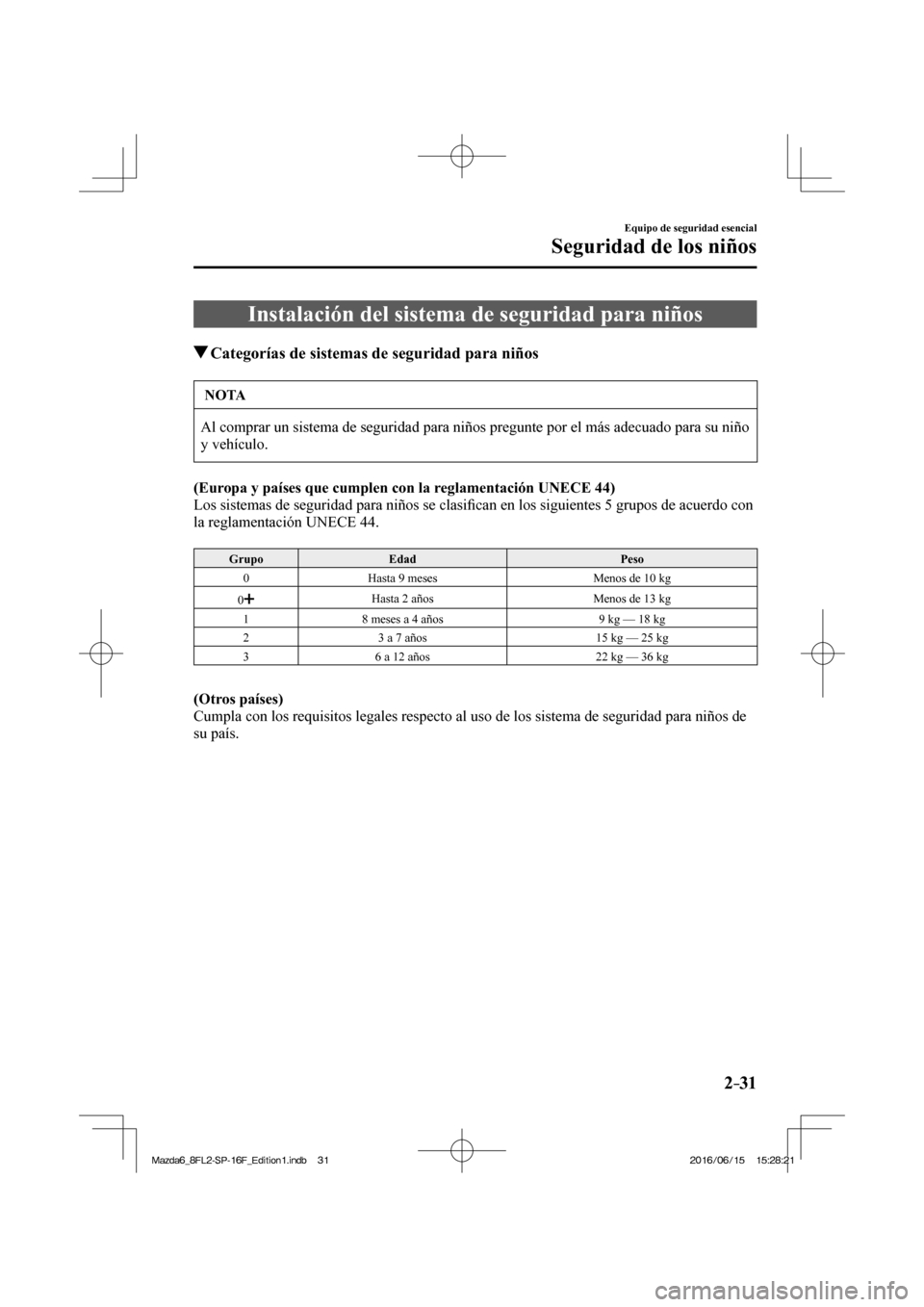 MAZDA MODEL 6 2017  Manual del propietario (in Spanish) 2–31
Equipo de seguridad esencial
Seguridad de los niños
 Instalación del sistema de seguridad para niños
                   Categorías de sistemas de seguridad para niños
 NOTA
 Al comprar un 