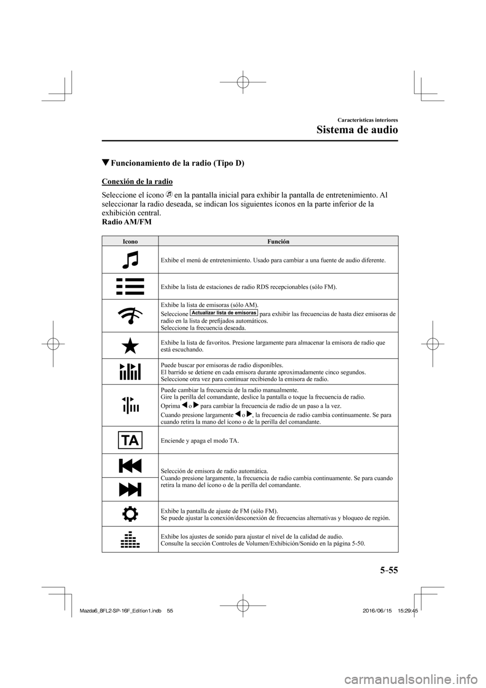 MAZDA MODEL 6 2017 Manual del propietario (in Spanish) 5–55
Características interiores
Sistema de audio
Funcionamiento de la radio (Tipo D)
Conexión de la radio
Seleccione el ícono
en la pantalla inicial para exhibir la pa MAZDA MODEL 6 2017 Manual del propietario (in Spanish) 5–55
Características interiores
Sistema de audio
Funcionamiento de la radio (Tipo D)
Conexión de la radio
Seleccione el ícono
en la pantalla inicial para exhibir la pa