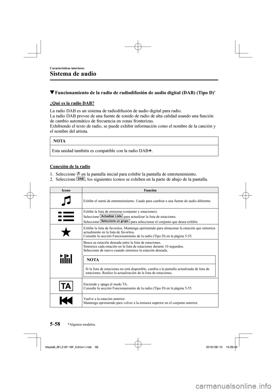 MAZDA MODEL 6 2017 Manual del propietario (in Spanish) 5–58
Características interiores
Sistema de audio
*Algunos modelos.
Funcionamiento de la radio de radiodifusión de audio digital (DAB) (Tipo D) *
¿Qué es la radio DAB?
La MAZDA MODEL 6 2017 Manual del propietario (in Spanish) 5–58
Características interiores
Sistema de audio
*Algunos modelos.
Funcionamiento de la radio de radiodifusión de audio digital (DAB) (Tipo D) *
¿Qué es la radio DAB?
La
