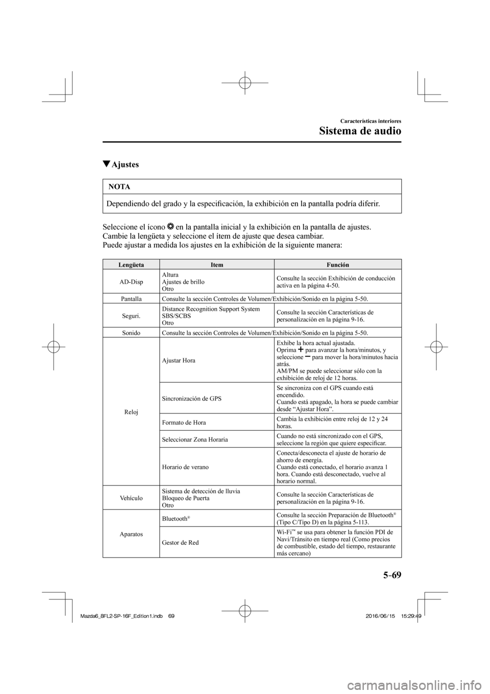MAZDA MODEL 6 2017  Manual del propietario (in Spanish) 5–69
Características interiores
Sistema de audio
          Ajustes
 NOTA
 Dependiendo del grado y la especi�¿ cación, la exhibición en la pantalla podría diferir. 
  Seleccione el ícono  
  en