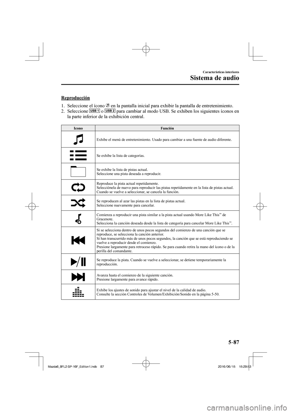 MAZDA MODEL 6 2017 Manual del propietario (in Spanish) 5–87
Características interiores
Sistema de audio
Reproducción
1. Seleccione el ícono
en la pantalla inicial para exhibir la pantalla de entretenimiento.
2. Seleccione
o MAZDA MODEL 6 2017 Manual del propietario (in Spanish) 5–87
Características interiores
Sistema de audio
Reproducción
1. Seleccione el ícono
en la pantalla inicial para exhibir la pantalla de entretenimiento.
2. Seleccione
o