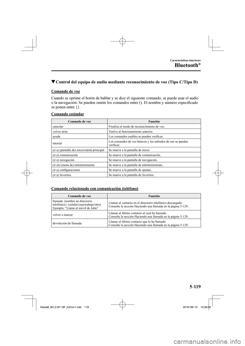MAZDA MODEL 6 2017  Manual del propietario (in Spanish) 5–119
Características interiores
Bluetooth®
          Control del equipo de audio mediante reconocimiento de voz (Tipo C/Tipo D)
    Comando  de  voz
    Cuando se oprime el botón de hablar y se 