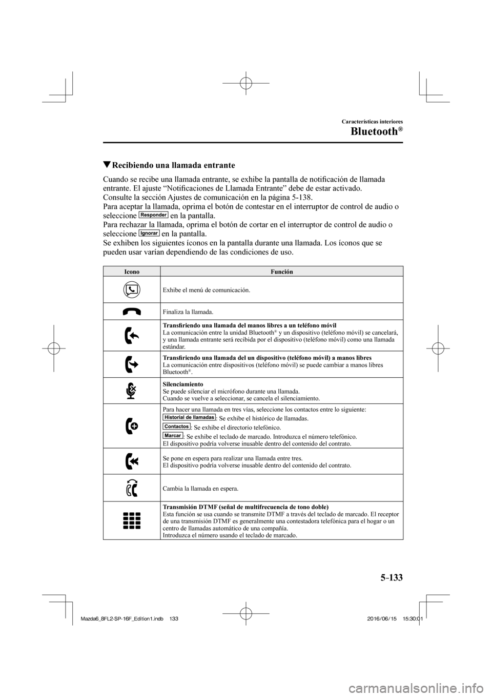MAZDA MODEL 6 2017  Manual del propietario (in Spanish) 5–133
Características interiores
Bluetooth®
          Recibiendo una llamada entrante
    Cuando se recibe una llamada entrante, se exhibe la pantalla de noti�¿ cación de llamada 
entrante. El a