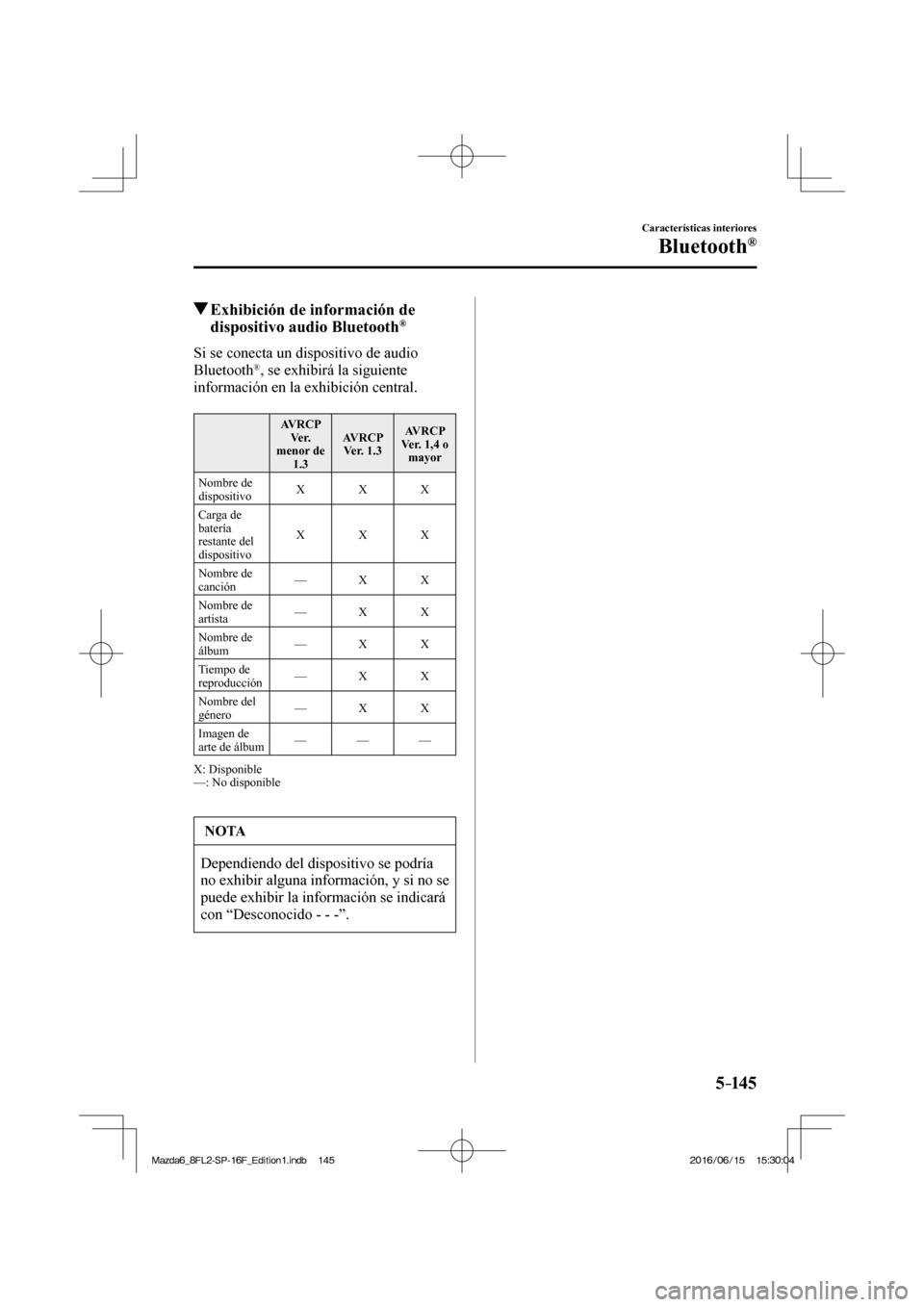 MAZDA MODEL 6 2017  Manual del propietario (in Spanish) 5–14 5
Características interiores
Bluetooth®
          Exhibición de información de 
dispositivo audio Bluetooth ® 
    Si se conecta un dispositivo de audio 
Bluetooth ® , se exhibirá la sig