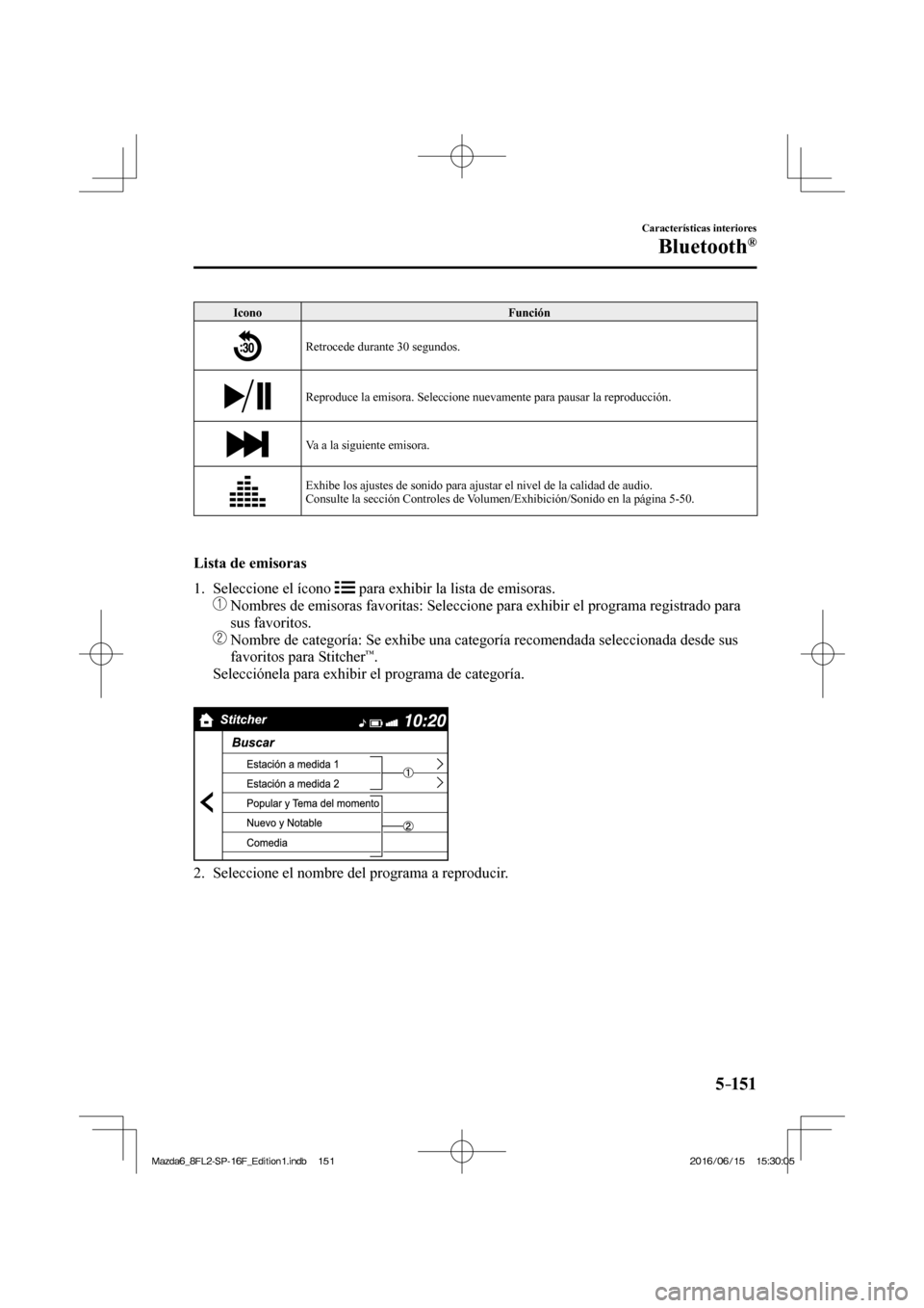 MAZDA MODEL 6 2017  Manual del propietario (in Spanish) 5–151
Características interiores
Bluetooth®
 Icono   Función 
 
  Retrocede durante 30 segundos. 
 
  Reproduce la emisora. Seleccione nuevamente para pausar la reproducción. 
 
  Va a la siguie