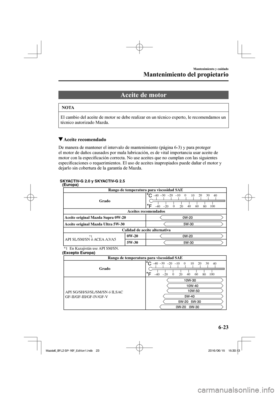 MAZDA MODEL 6 2017  Manual del propietario (in Spanish) 6–23
Mantenimiento y cuidado
Mantenimiento del propietario
 Aceite de motor
 NOTA
 El cambio del aceite de motor se debe realizar en un técnico experto, le recomendamos un 
técnico autorizado Mazd