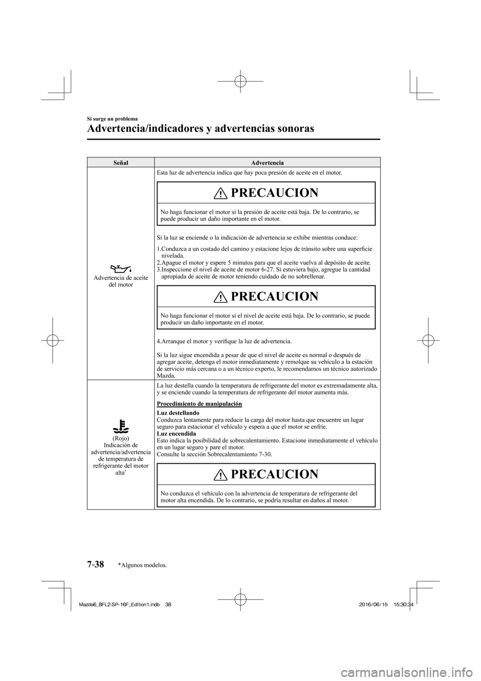 MAZDA MODEL 6 2017  Manual del propietario (in Spanish) 7–38
Si surge un problema
Advertencia/indicadores y advertencias sonoras
*Algunos modelos.
 Señal   Advertencia 
 
 
 Advertencia de aceite 
del motor  Esta luz de advertencia indica que hay poca p