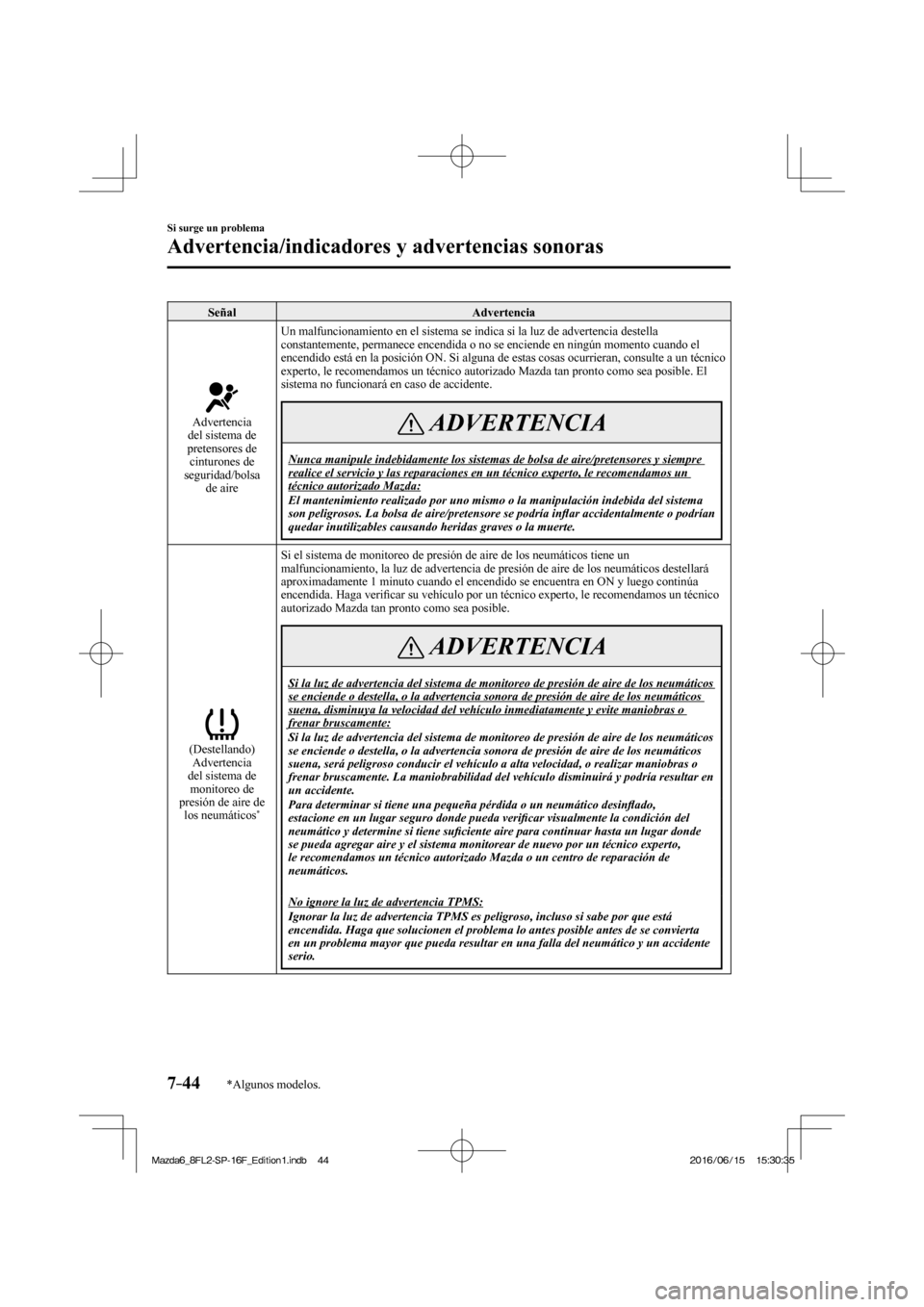 MAZDA MODEL 6 2017 Manual del propietario (in Spanish) 7–44
Si surge un problema
Advertencia/indicadores y advertencias sonoras
*Algunos modelos.
Señal Advertencia
Advertencia
del sistema de
pretensores de
cinturones de
seguridad/bolsa
de MAZDA MODEL 6 2017 Manual del propietario (in Spanish) 7–44
Si surge un problema
Advertencia/indicadores y advertencias sonoras
*Algunos modelos.
Señal Advertencia
Advertencia
del sistema de
pretensores de
cinturones de
seguridad/bolsa
de