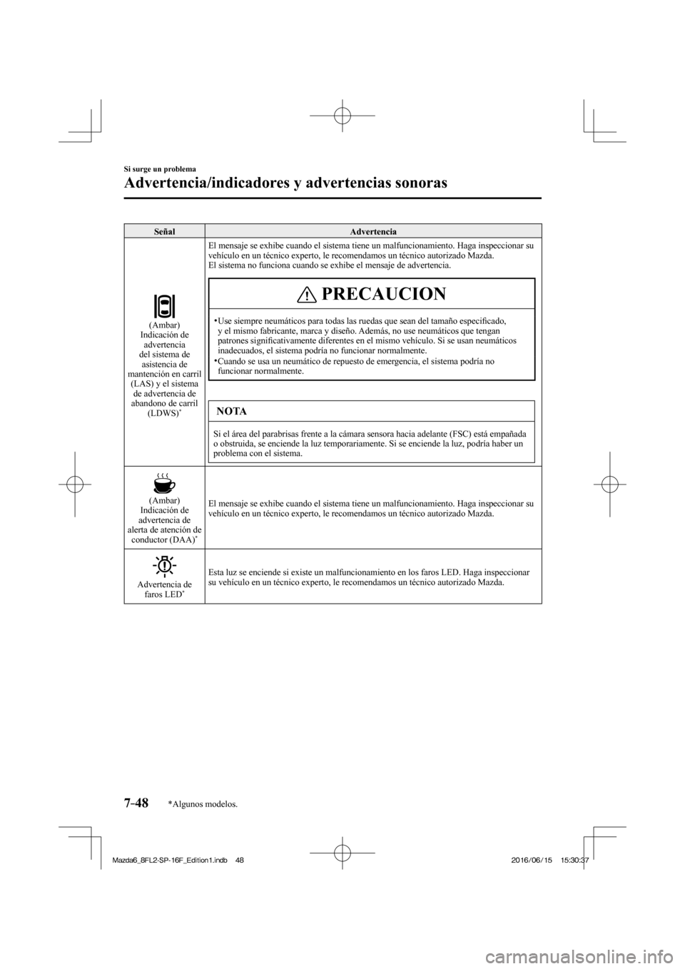 MAZDA MODEL 6 2017 Manual del propietario (in Spanish) 7–48
Si surge un problema
Advertencia/indicadores y advertencias sonoras
*Algunos modelos.
Señal Advertencia
(Ambar)
Indicación de
advertencia
del sistema de
asistencia de
manten MAZDA MODEL 6 2017 Manual del propietario (in Spanish) 7–48
Si surge un problema
Advertencia/indicadores y advertencias sonoras
*Algunos modelos.
Señal Advertencia
(Ambar)
Indicación de
advertencia
del sistema de
asistencia de
manten