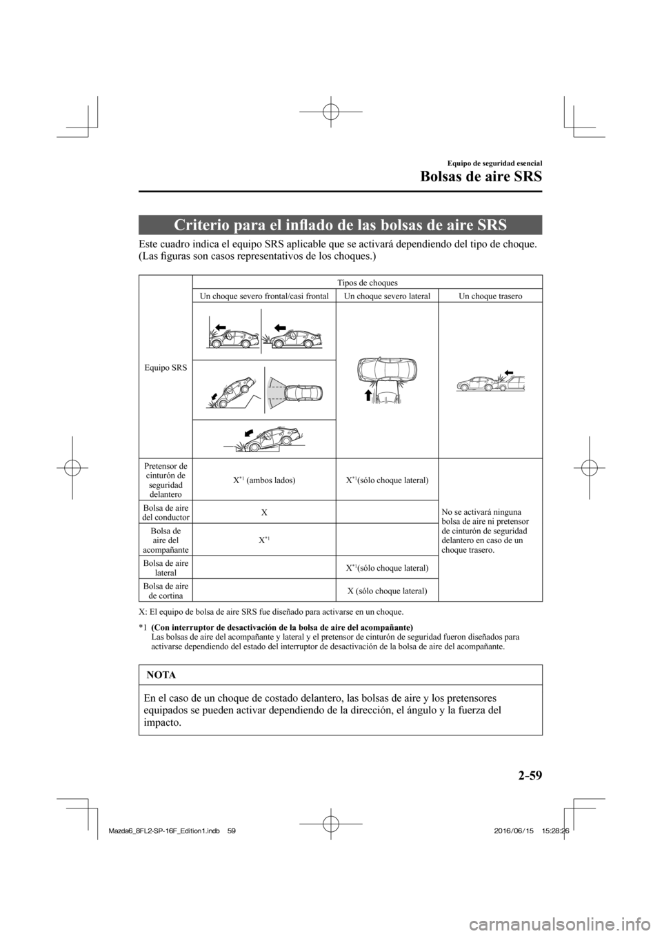 MAZDA MODEL 6 2017  Manual del propietario (in Spanish) 2–59
Equipo de seguridad esencial
Bolsas de aire SRS
 Criterio para el in�À ado de las bolsas de aire SRS
            Este cuadro indica el equipo SRS aplicable que se activará dependiendo del tip