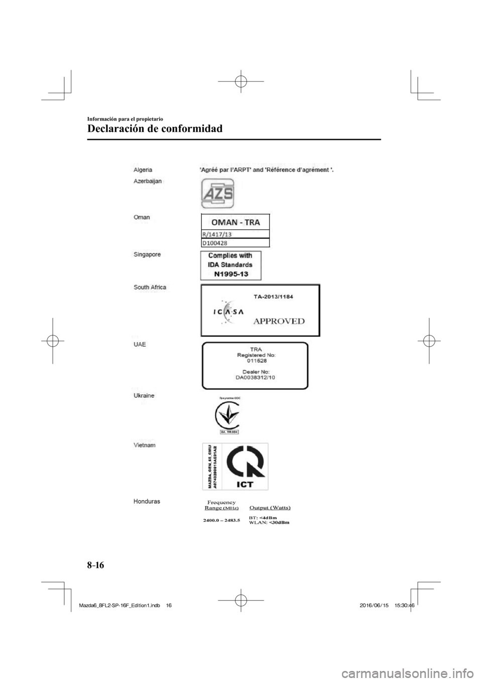 MAZDA MODEL 6 2017  Manual del propietario (in Spanish) 8–16
Información para el propietario
Declaración de conformidad
  
�/�C�\�F�C��A��(�.���5�2����(�A��F�K�V�K�Q�P���K�P�F�D������/�C�\�F�C��A��(�.���5�2����(�A��F�K�V�K�Q�P��