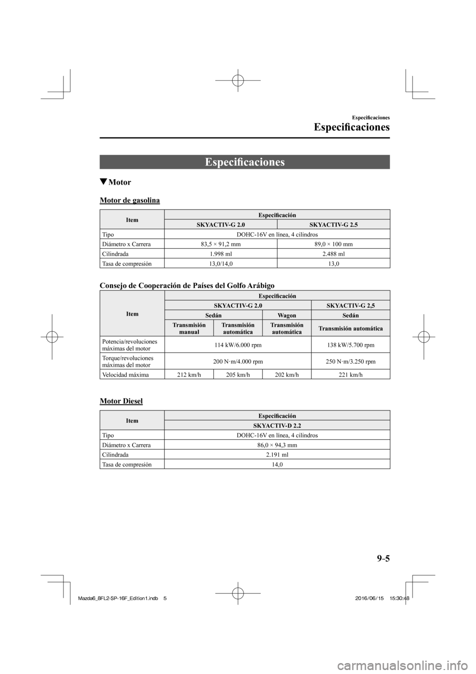 MAZDA MODEL 6 2017  Manual del propietario (in Spanish) 9–5
Especi�¿ caciones
Especi�¿ caciones
      E s p e c i�¿ caciones
               Motor
      Motor  de  gasolina
 Item  Especi�¿ cación 
 SKYACTIV-G  2.0   SKYACTIV-G  2.5 
 Tipo   DOHC-16V 