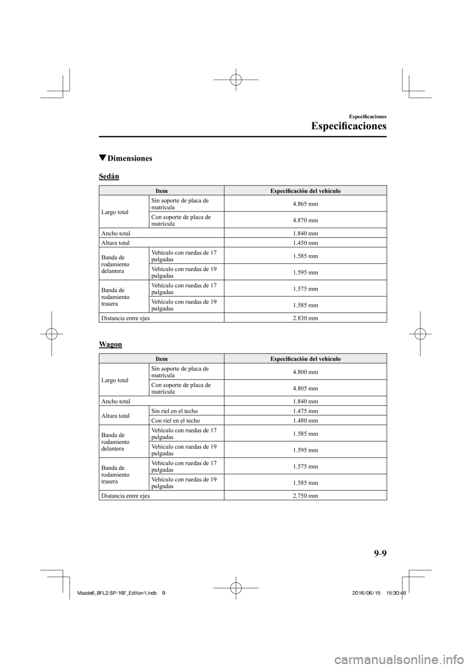MAZDA MODEL 6 2017  Manual del propietario (in Spanish) 9–9
Especi�¿ caciones
Especi�¿ caciones
          Dimensiones
              S e d á n
 Item   Especi�¿ cación del vehículo 
 Largo  total  Sin soporte de placa de 
matrícula  4.865  mm 
 Con 