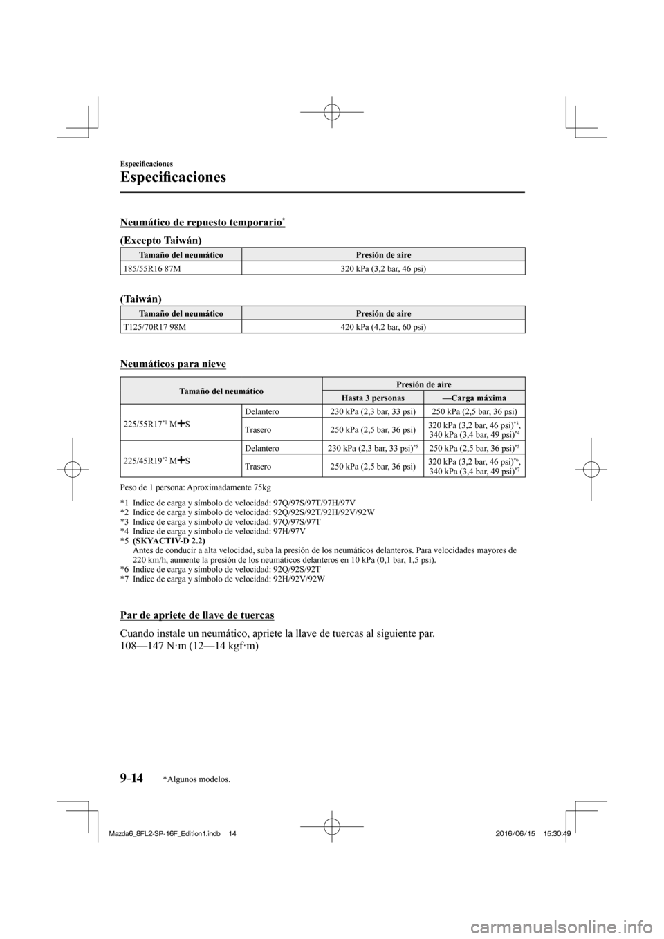 MAZDA MODEL 6 2017  Manual del propietario (in Spanish) 9–14
Especi�¿ caciones
Especi�¿ caciones
*Algunos modelos.
    Neumático  de  repuesto  temporario * 
      (Excepto Taiwán)   
 Tamaño del neumático   Presión de aire 
 185/55R16 87M   320 k