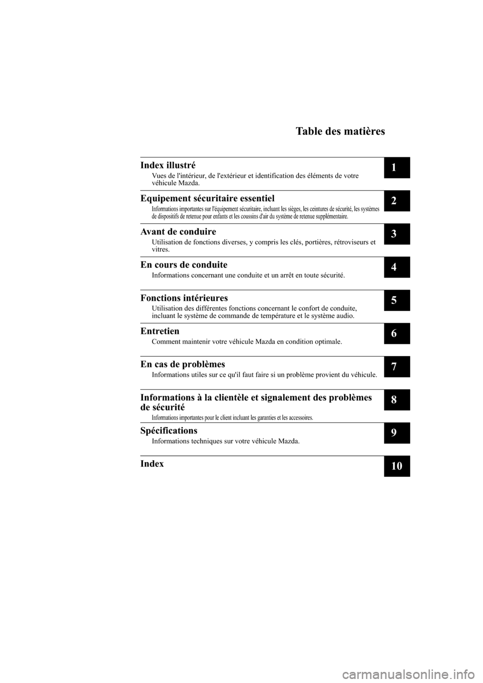 MAZDA MODEL 6 2017  Manuel du propriétaire (in French) Table des matières
Index illustré
Vues de lintérieur, de lextérieur et identification des éléments de votre
véhicule Mazda.1
Equipement sécuritaire essentiel
Informations importantes sur l�