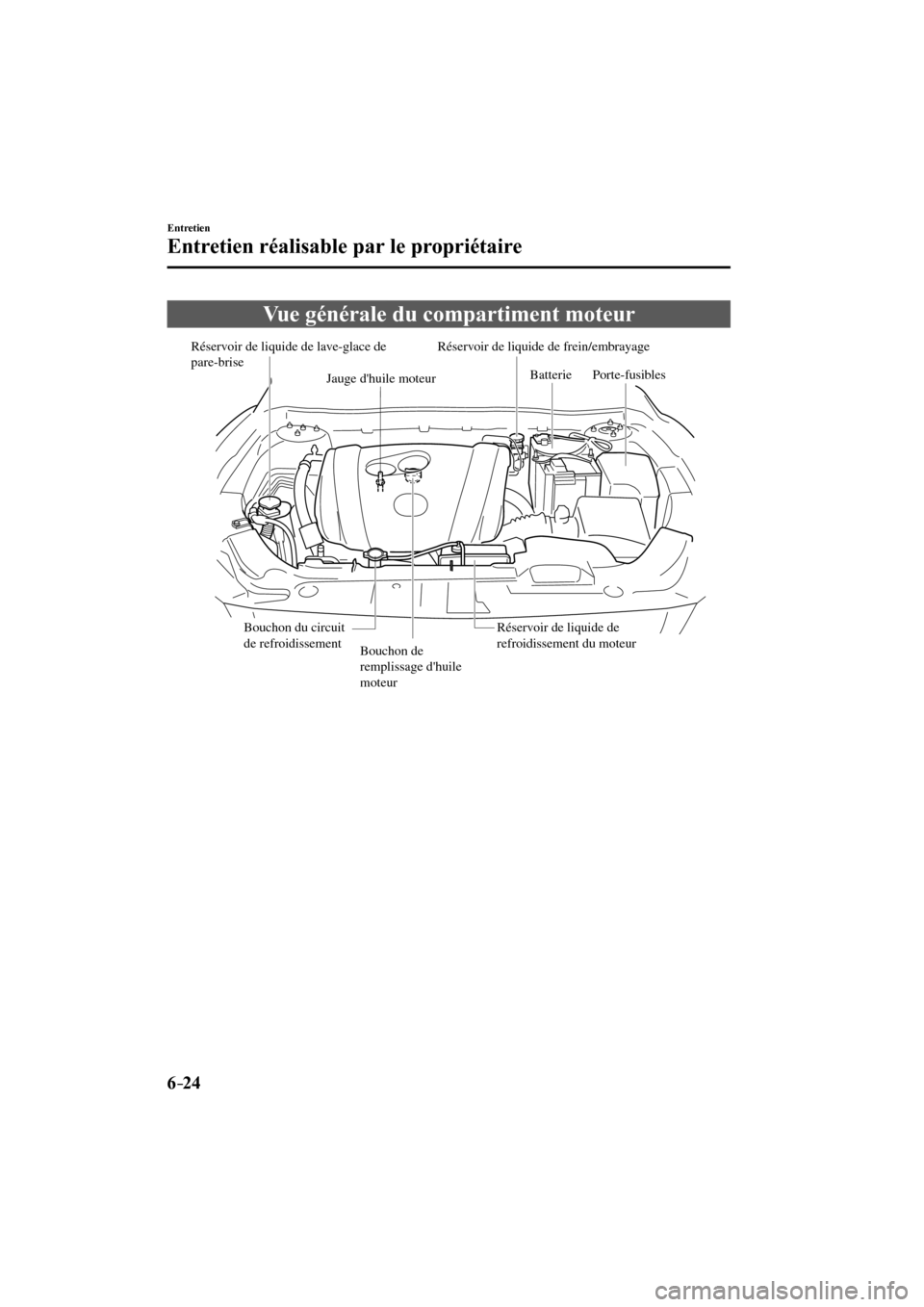 MAZDA MODEL 6 2017  Manuel du propriétaire (in French) 6–24
Entretien
Entretien réalisable par le propriétaire
 Vue générale du compartiment moteur
             
Réservoir de liquide de lave-glace de 
pare-briseRéservoir de liquide de frein/embray