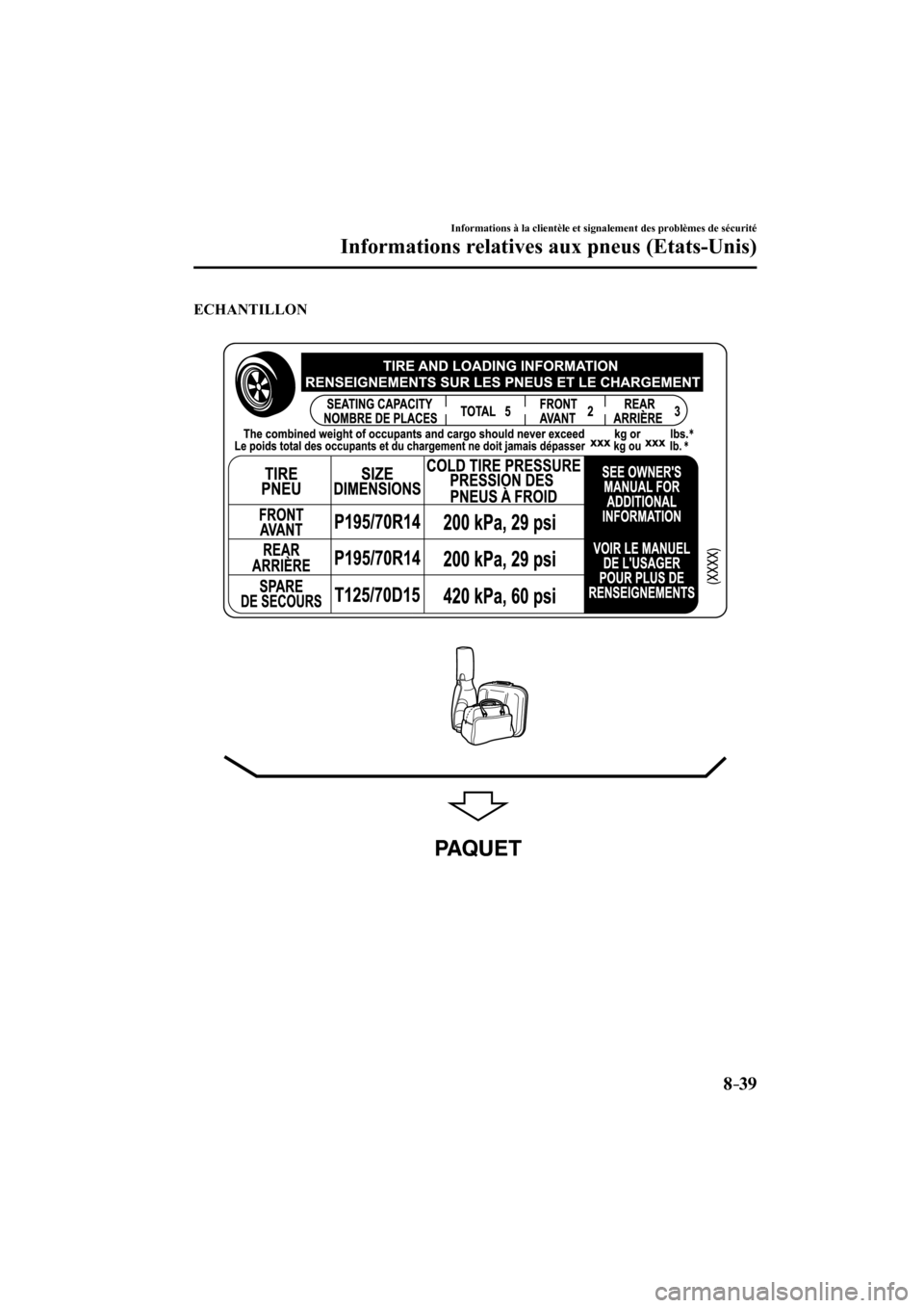 MAZDA MODEL 6 2017  Manuel du propriétaire (in French) 8–39
Informations à la clientèle et signalement des problèmes de sécurité
Informations relatives aux pneus (Etats-Unis)
    ECHANTILLON 
  
 
 
  
 
PAQUET 
�.�B�[�E�B��@���)����$����