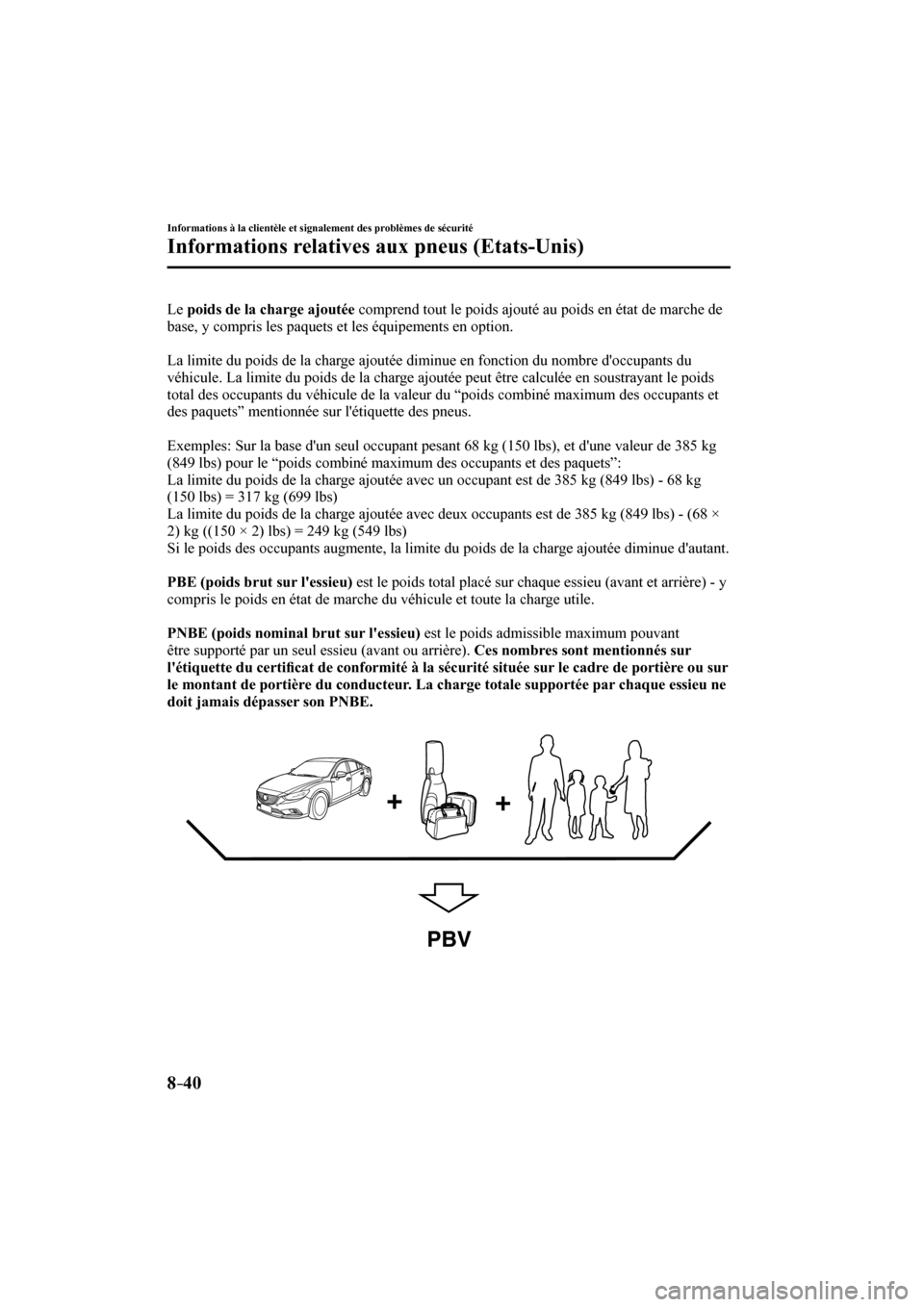 MAZDA MODEL 6 2017  Manuel du propriétaire (in French) 8–40
Informations à la clientèle et signalement des problèmes de sécurité
Informations relatives aux pneus (Etats-Unis)
  Le   poids de la charge ajoutée  comprend tout le poids ajouté au poi