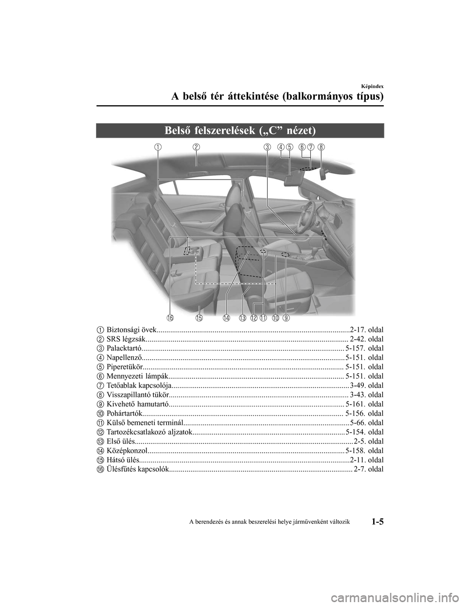 MAZDA MODEL 6 2017  Kezelési útmutató (in Hungarian) Belső felszerelések („C” nézet)
1Biztonsági övek..... ...............................................................................................2-17. oldal
2 SRS légzsák...............