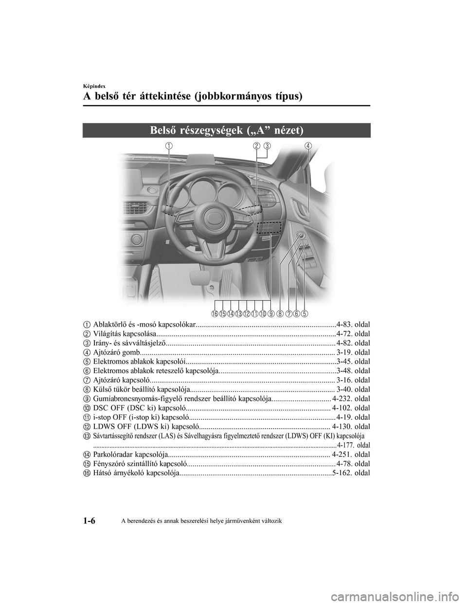 MAZDA MODEL 6 2017  Kezelési útmutató (in Hungarian) Belső részegységek („A” nézet)
1Ablaktörlő és -mosó kapcsolókar...................... ...................................................4-83. oldal
2 Világítás kapcsolása............