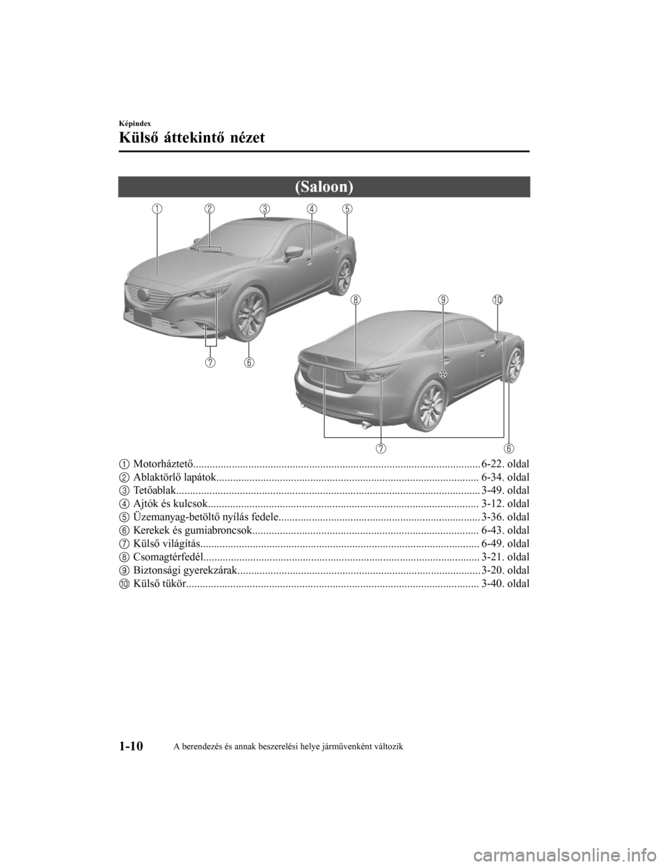 MAZDA MODEL 6 2017 Kezelési útmutató (in Hungarian) (Saloon)
1Motorháztető....................................... ................................................................. 6-22. oldal
2 Ablaktörlő lapátok................................. . MAZDA MODEL 6 2017 Kezelési útmutató (in Hungarian) (Saloon)
1Motorháztető....................................... ................................................................. 6-22. oldal
2 Ablaktörlő lapátok................................. .