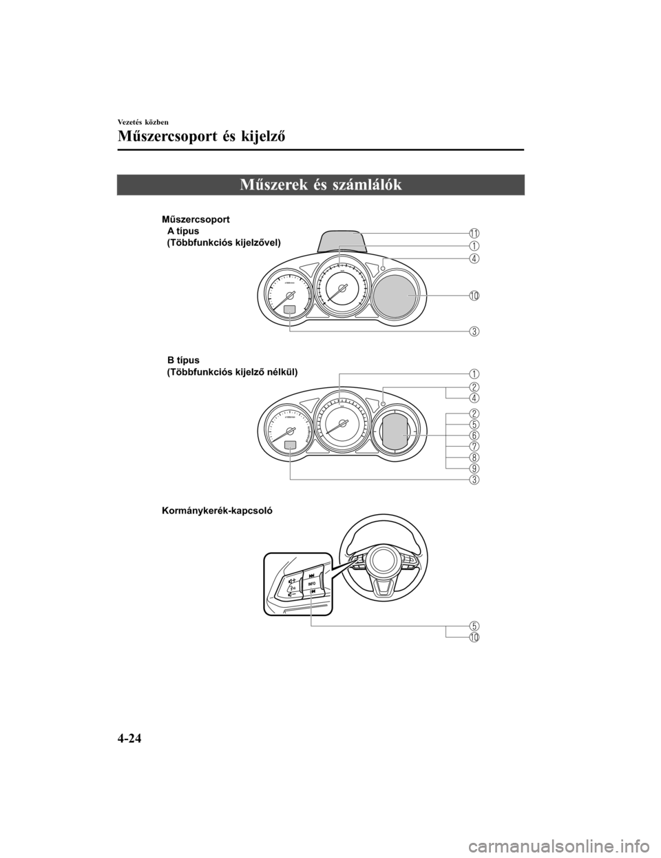 MAZDA MODEL 6 2017 Kezelési útmutató (in Hungarian) Műszerek és számlálók
MűszercsoportA típus
B típus
Kormánykerék-kapcsoló
(Többfunkciós kijelzővel)
(Többfunkciós kijelző nélkül)
Vezetés közben
Műszercsoport és kijelző
4-24 MAZDA MODEL 6 2017 Kezelési útmutató (in Hungarian) Műszerek és számlálók
MűszercsoportA típus
B típus
Kormánykerék-kapcsoló
(Többfunkciós kijelzővel)
(Többfunkciós kijelző nélkül)
Vezetés közben
Műszercsoport és kijelző
4-24