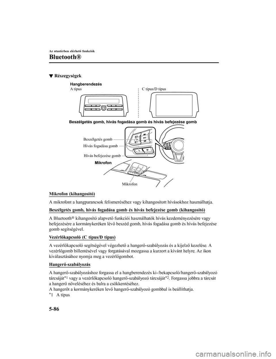 MAZDA MODEL 6 2017  Kezelési útmutató (in Hungarian) ▼Részegységek
Mikrofon
Beszélgetés gomb, hívás fogadása gomb és hívás b\
efejezése gomb
Mikrofon
Hangberendezés
A típus C típus/D típus
Beszélgetés gomb
Hívás befejezése gomb
Hí