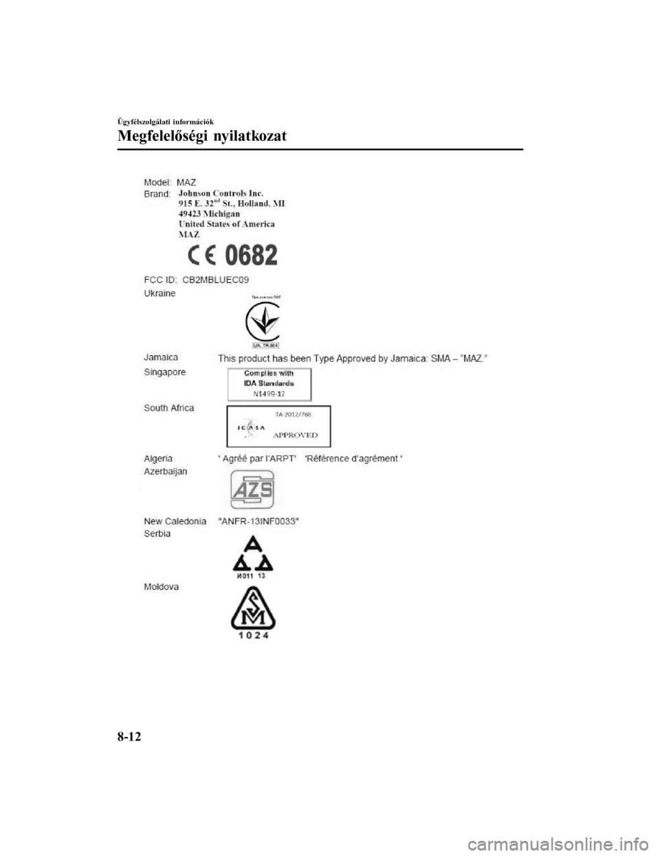 MAZDA MODEL 6 2017 Kezelési útmutató (in Hungarian) Ügyfélszolgálati információk
Megfelelőségi nyilatkozat
8-12Form No. Mazda6 8FK7-EE-16F-HU+L_Edition1.pdf MAZDA MODEL 6 2017 Kezelési útmutató (in Hungarian) Ügyfélszolgálati információk
Megfelelőségi nyilatkozat
8-12Form No. Mazda6 8FK7-EE-16F-HU+L_Edition1.pdf