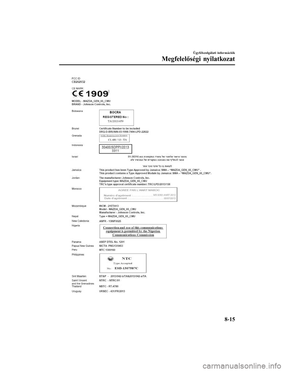 MAZDA MODEL 6 2017 Kezelési útmutató (in Hungarian) Ügyfélszolgálati információk
Megfelelőségi nyilatkozat
8-15Form No. Mazda6 8FK7-EE-16F-HU+L_Edition1.pdf MAZDA MODEL 6 2017 Kezelési útmutató (in Hungarian) Ügyfélszolgálati információk
Megfelelőségi nyilatkozat
8-15Form No. Mazda6 8FK7-EE-16F-HU+L_Edition1.pdf