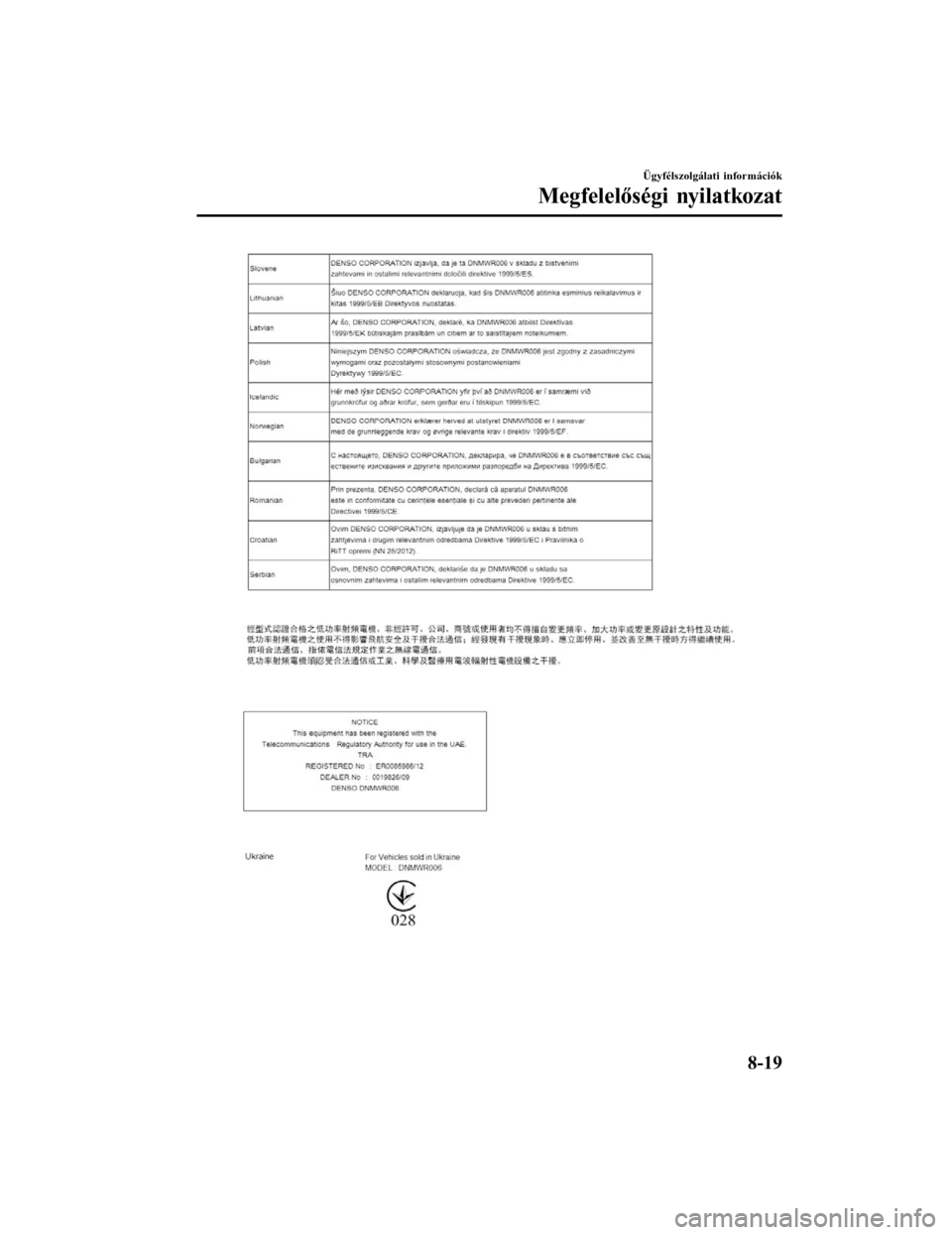 MAZDA MODEL 6 2017  Kezelési útmutató (in Hungarian) Ügyfélszolgálati információk
Megfelelőségi nyilatkozat
8-19Form No. Mazda6 8FK7-EE-16F-HU+L_Edition1.pdf 