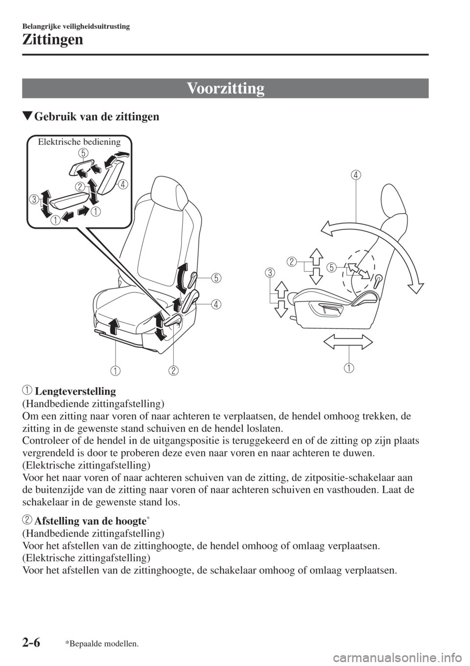 MAZDA MODEL 6 2017  Handleiding (in Dutch) 2–6
Belangrijke veiligheidsuitrusting
Zittingen
*Bepaalde modellen.
 Voorzitting
                 Gebruik van de zittingen
Elektrische bediening
    
   
    Lengteverstelling 
  (Handbediende  zitt