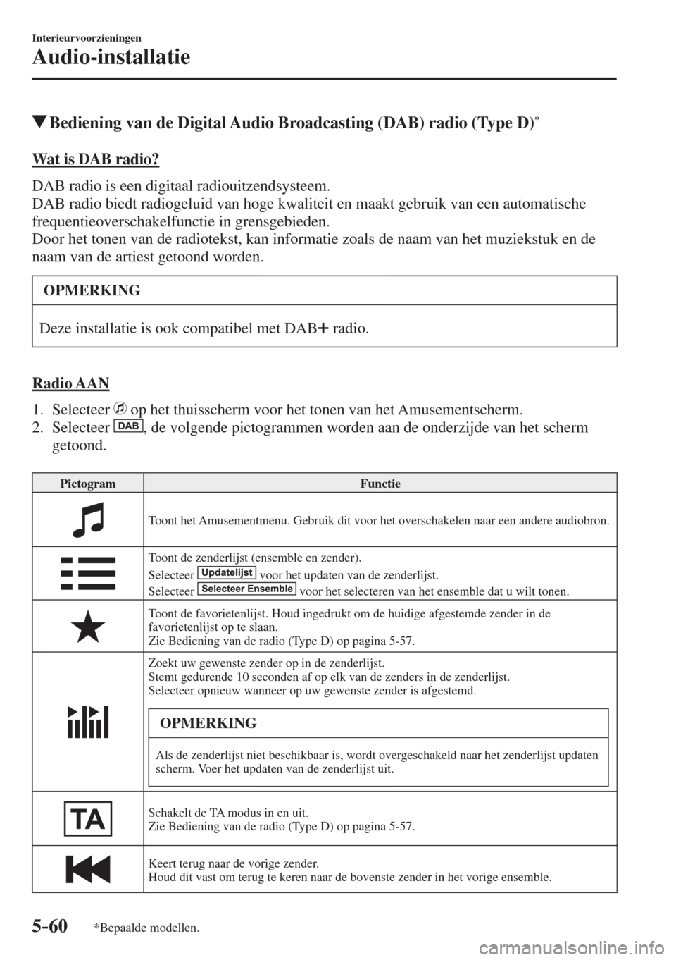 MAZDA MODEL 6 2017  Handleiding (in Dutch) 5–60
Interieurvoorzieningen
Audio-installatie
*Bepaalde modellen.
            Bediening van de Digital Audio Broadcasting (DAB) radio (Type D) * 
    Wat  is  DAB  radio?
    DAB radio is een digita