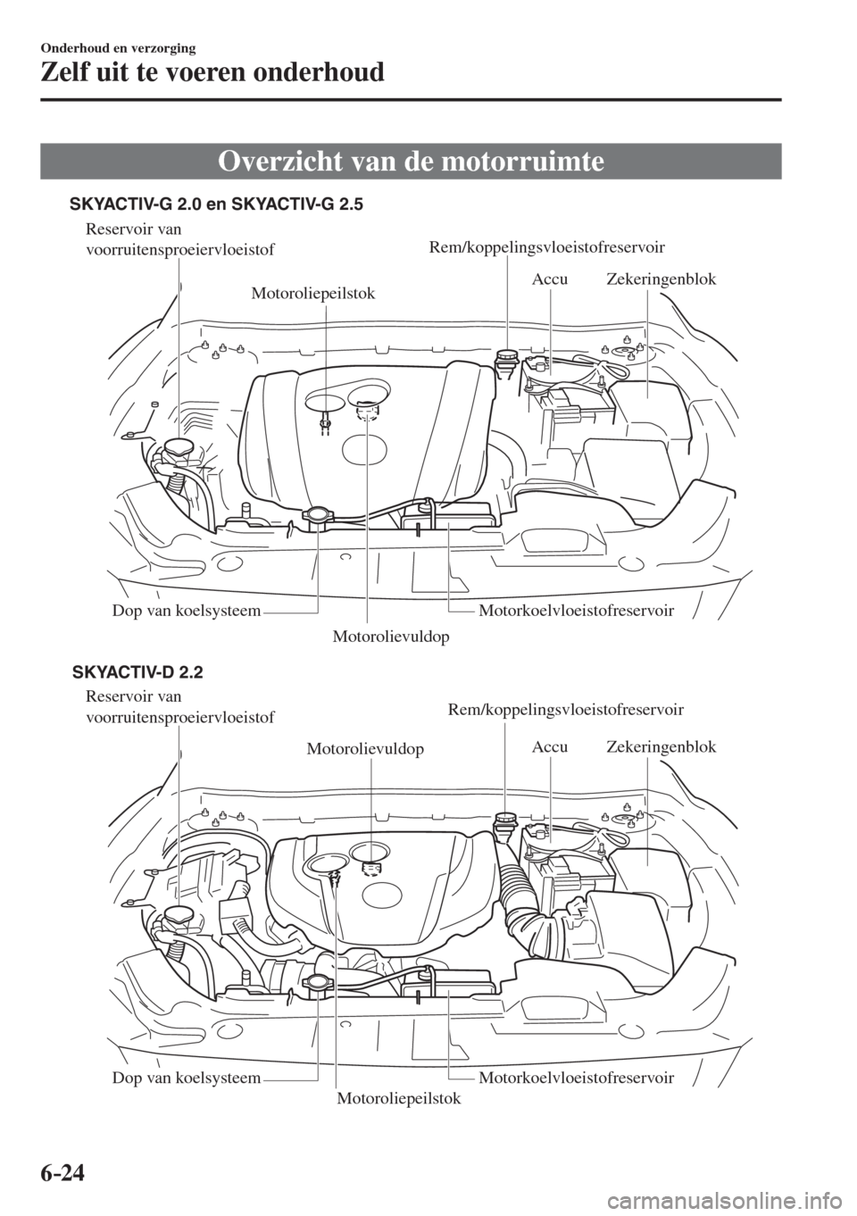 MAZDA MODEL 6 2017  Handleiding (in Dutch) 6–24
Onderhoud en verzorging
Zelf uit te voeren onderhoud
 Overzicht van de motorruimte
             
Reservoir van 
voorruitensproeiervloeistof
Motorolievuldop
MotoroliepeilstokAccuZekeringenblok
D