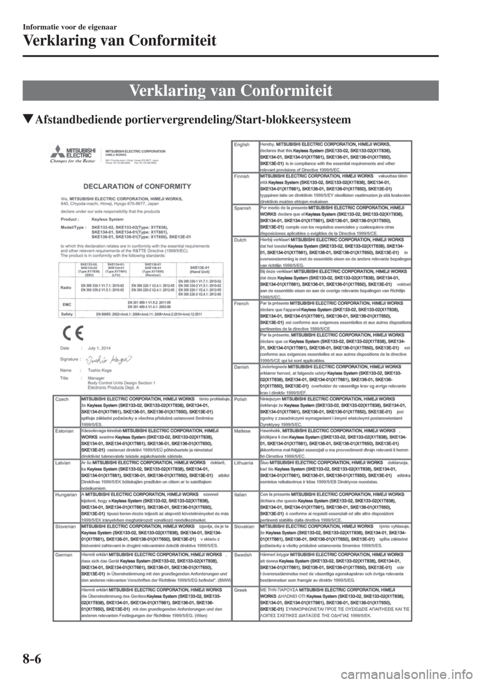MAZDA MODEL 6 2017  Handleiding (in Dutch) 8–6
Informatie voor de eigenaar
Verklaring van Conformiteit
      Verklaring  van  Conformiteit
       Afstandbediende  portiervergrendeling/Start-blokkeersysteem
    
���������������