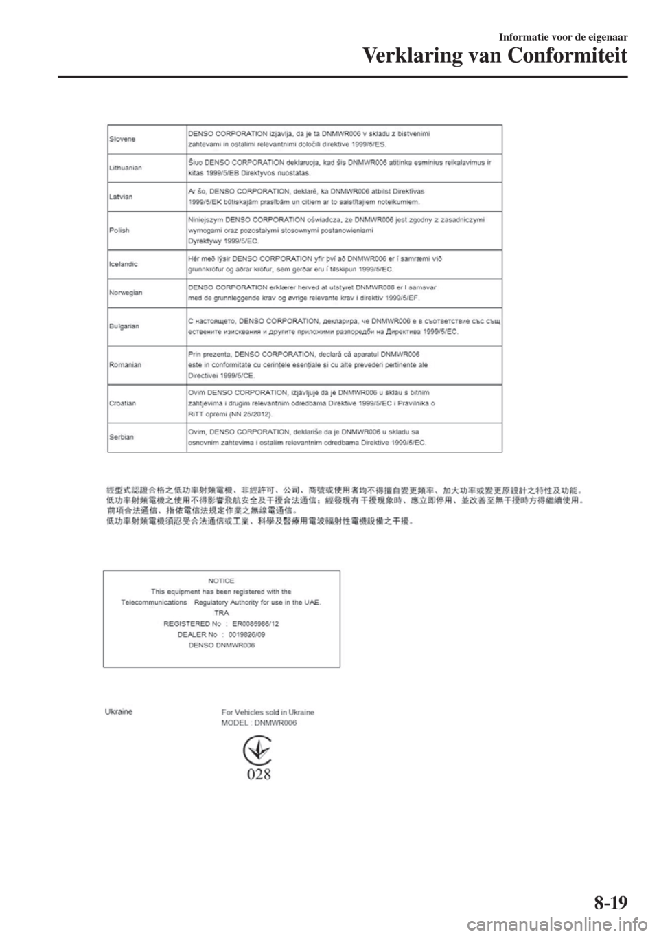 MAZDA MODEL 6 2017  Handleiding (in Dutch) 8–19
Informatie voor de eigenaar
Verklaring van Conformiteit
  
��������������������� 