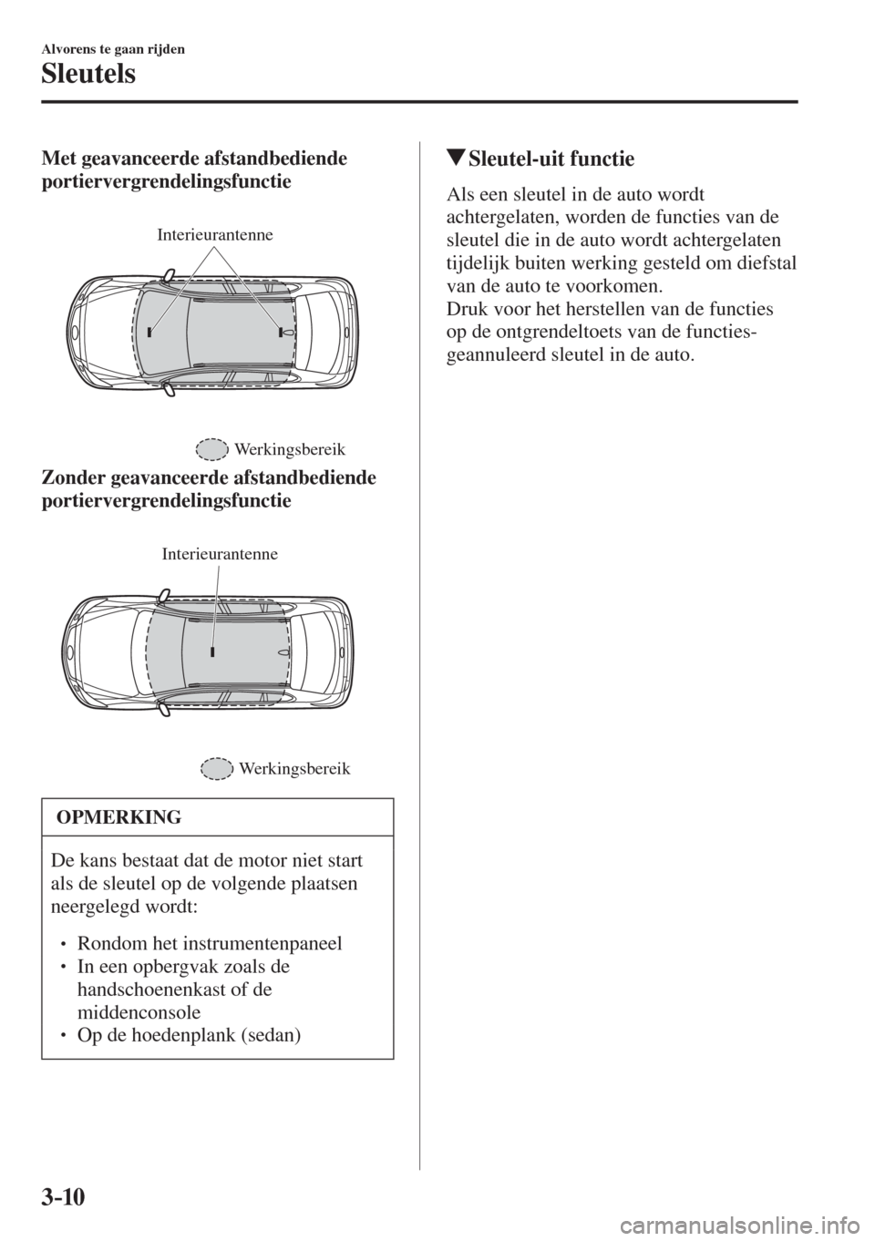 MAZDA MODEL 6 2017  Handleiding (in Dutch) 3–10
Alvorens te gaan rijden
Sleutels
    Met geavanceerde afstandbediende 
portiervergrendelingsfunctie 
  
 
Interieurantenne
Werkingsbereik
 
    Zonder geavanceerde afstandbediende 
portiervergr