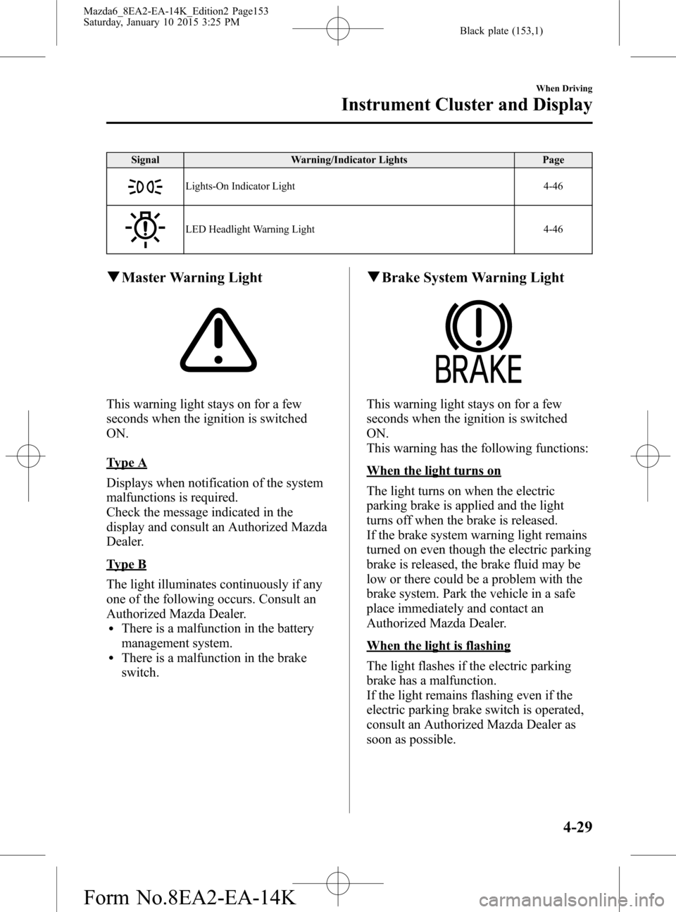 MAZDA MODEL 6 2016 Owners Manual (in English) Black plate (153,1)
Signal Warning/Indicator Lights Page
Lights-On Indicator Light 4-46
LED Headlight Warning Light 4-46
qMaster Warning Light
This warning light stays on for a few
seconds when the ig MAZDA MODEL 6 2016 Owners Manual (in English) Black plate (153,1)
Signal Warning/Indicator Lights Page
Lights-On Indicator Light 4-46
LED Headlight Warning Light 4-46
qMaster Warning Light
This warning light stays on for a few
seconds when the ig