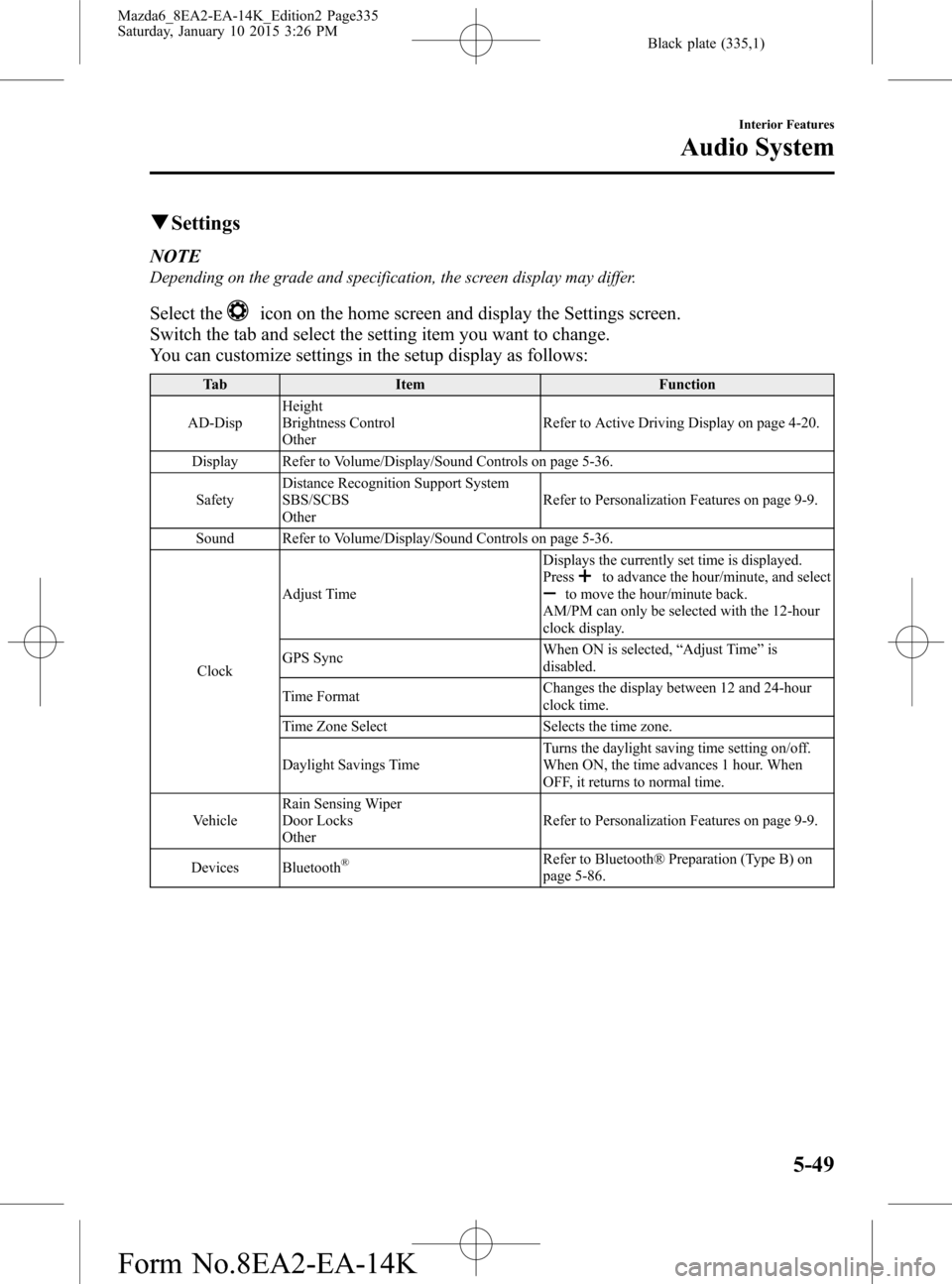 MAZDA MODEL 6 2016 Owners Manual (in English) Black plate (335,1)
qSettings
NOTE
Depending on the grade and specification, the screen display may differ.
Select theicon on the home screen and display the Settings screen.
Switch the tab and select MAZDA MODEL 6 2016 Owners Manual (in English) Black plate (335,1)
qSettings
NOTE
Depending on the grade and specification, the screen display may differ.
Select theicon on the home screen and display the Settings screen.
Switch the tab and select