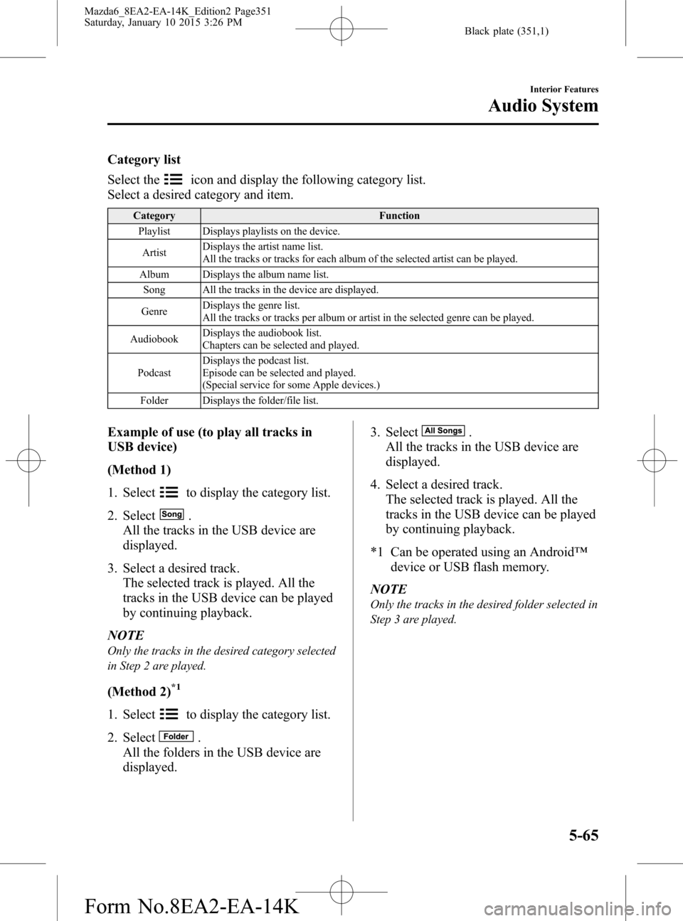 MAZDA MODEL 6 2016 (in English) User Guide Black plate (351,1)
Category list
Select the
icon and display the following category list.
Select a desired category and item.
Category Function
Playlist Displays playlists on the device.
ArtistDispla MAZDA MODEL 6 2016 (in English) User Guide Black plate (351,1)
Category list
Select the
icon and display the following category list.
Select a desired category and item.
Category Function
Playlist Displays playlists on the device.
ArtistDispla