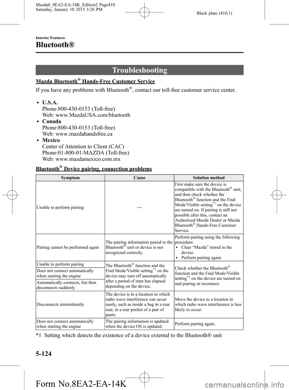 MAZDA MODEL 6 2016 Owners Manual (in English) Black plate (410,1)
Troubleshooting
Mazda Bluetooth®Hands-Free Customer Service
If you have any problems with Bluetooth
®, contact our toll-free customer service center.
lU.S.A.
Phone:800-430-0153 ( MAZDA MODEL 6 2016 Owners Manual (in English) Black plate (410,1)
Troubleshooting
Mazda Bluetooth®Hands-Free Customer Service
If you have any problems with Bluetooth
®, contact our toll-free customer service center.
lU.S.A.
Phone:800-430-0153 (