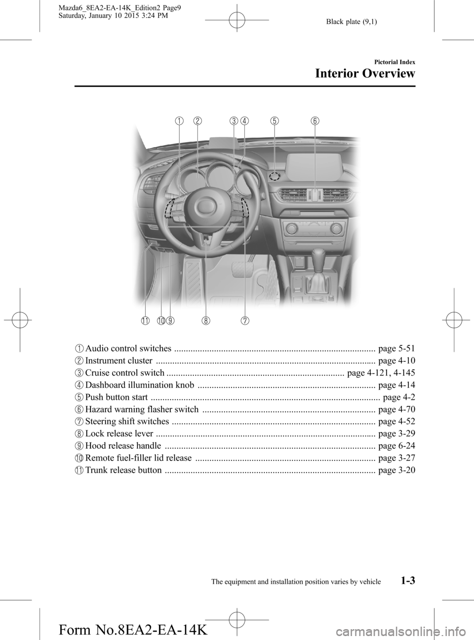 MAZDA MODEL 6 2016  Owners Manual (in English) Black plate (9,1)
Audio control switches ...................................................................................... page 5-51
Instrument cluster ...........................................