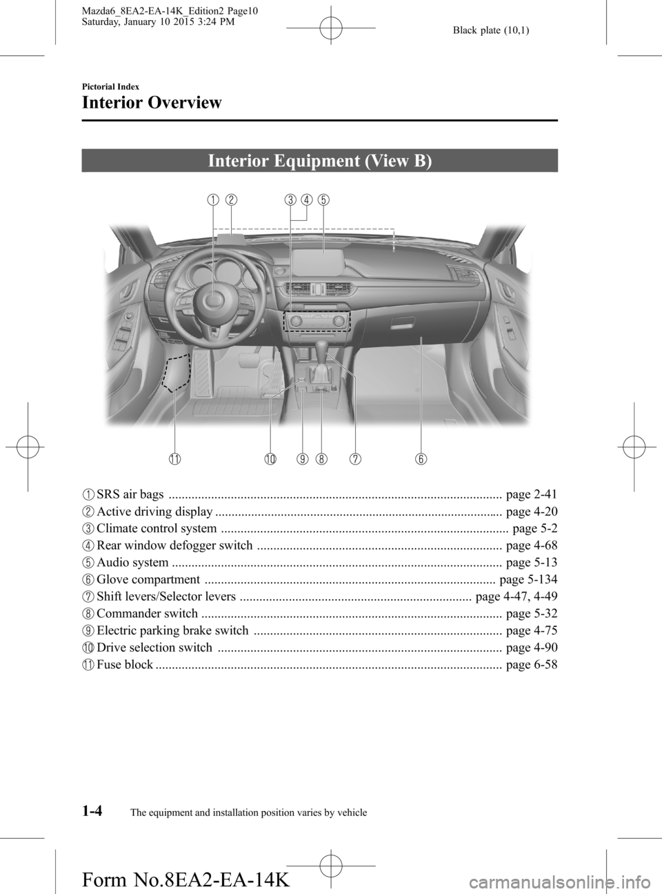 MAZDA MODEL 6 2016  Owners Manual (in English) Black plate (10,1)
Interior Equipment (View B)
SRS air bags ...................................................................................................... page 2-41
Active driving display ....