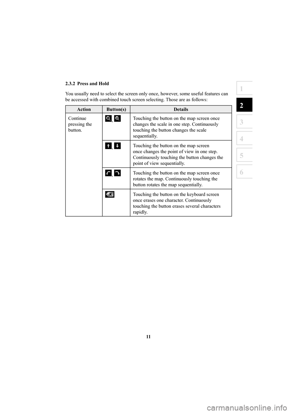 MAZDA MODEL 6 2016  Navigation Manual (in English) 11
1
2
3
4
5
6
2.3.2  Press and Hold
You usually need to select the screen only once, however, some useful features can 
be accessed with combined touch screen selecting. Those are as follows:
Action 