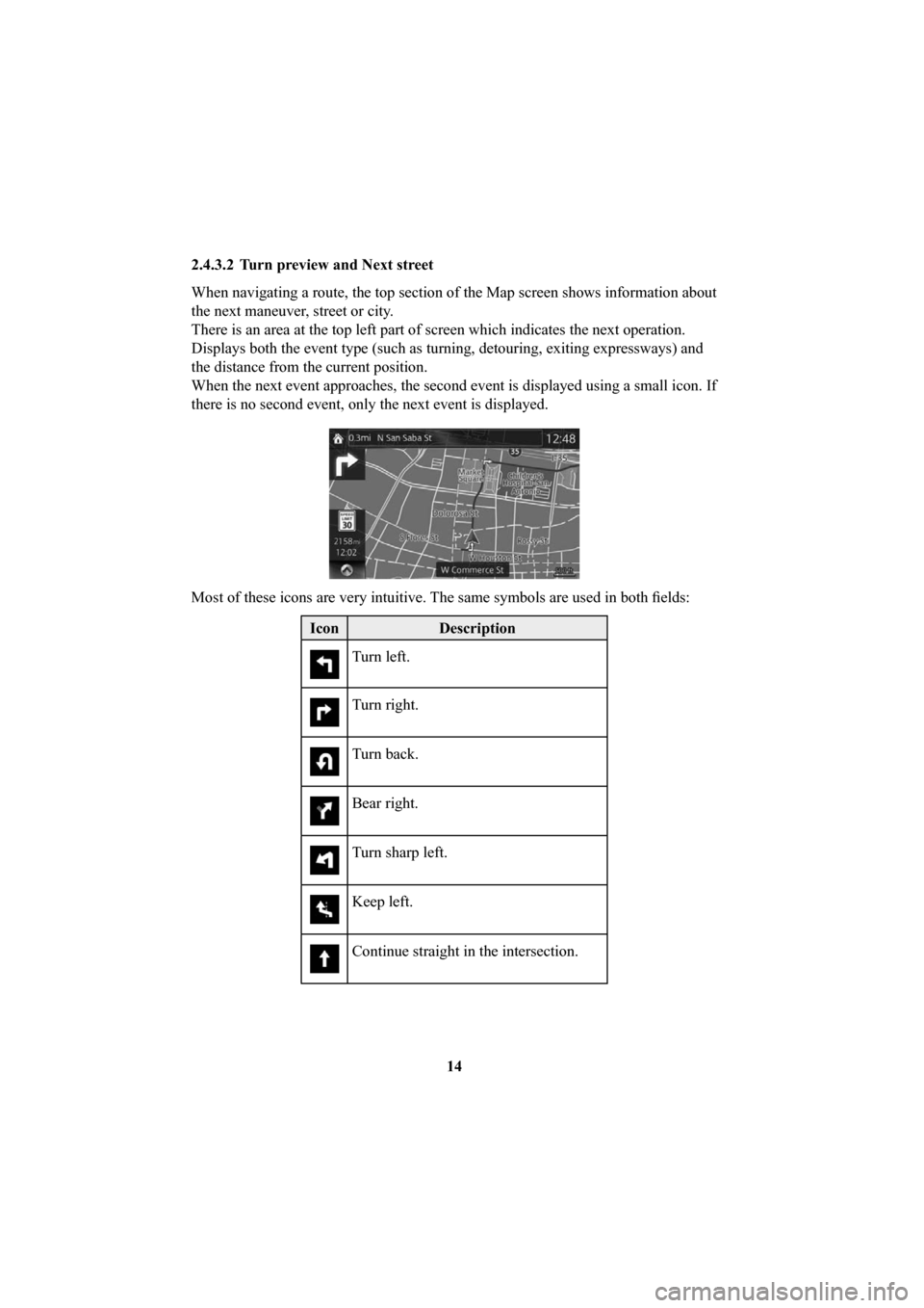 MAZDA MODEL 6 2016  Navigation Manual (in English) 14
2.4.3.2  Turn preview and Next street 
When navigating a route, the top section of the Map screen shows informa\
tion about 
the next maneuver, street or city.
There is an area at the top left part