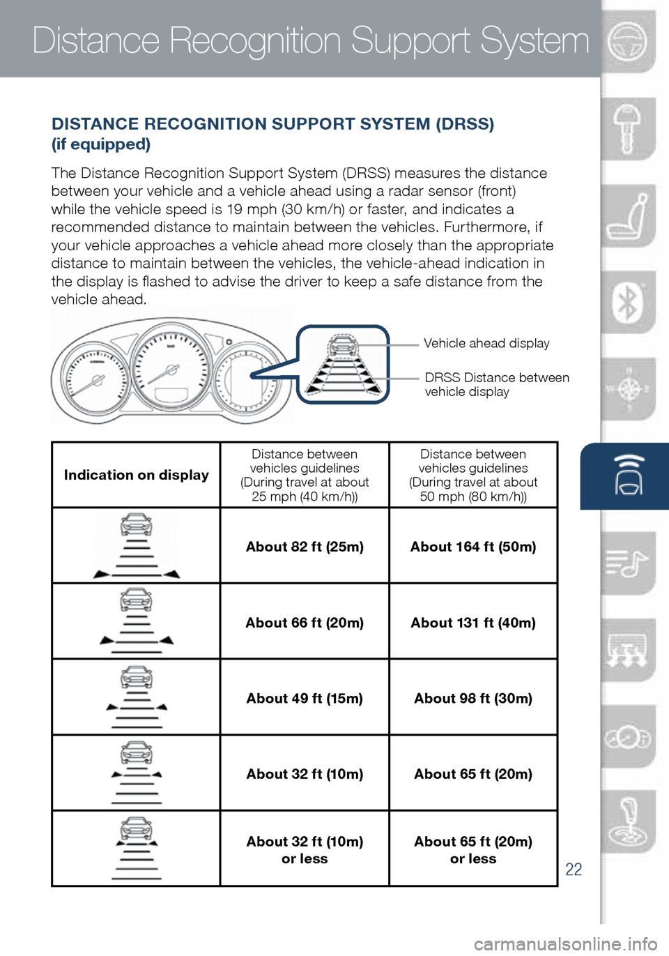 MAZDA MODEL 6 2016  Smart Start Guide (in English) 22
Distance Recognition Support System
DISTANCE RECOGNITION SUPPORT SYSTEM (DRSS)  
(if equipped)
The Distance Recognition Support System (DRSS) measures the distance 
between your vehicle and a vehic