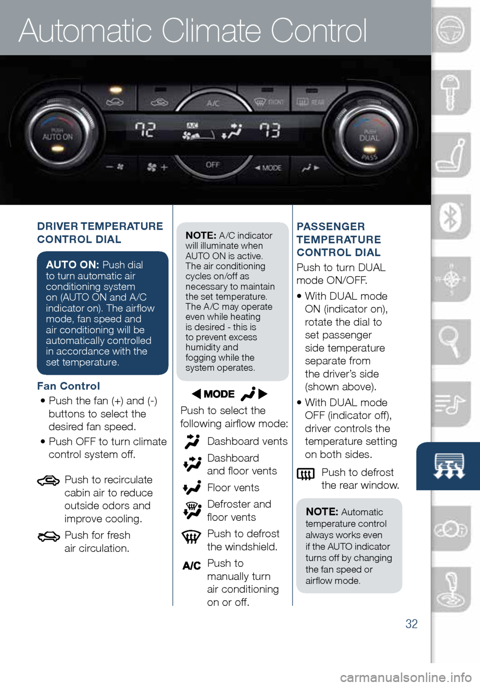 MAZDA MODEL 6 2016  Smart Start Guide (in English) 32
Automatic Climate Control
NOTE: A/C indicator 
will illuminate when 
AUTO ON is active. 
The air conditioning 
cycles on/off as 
necessary to maintain 
the set temperature. 
The A /C may operate 
e