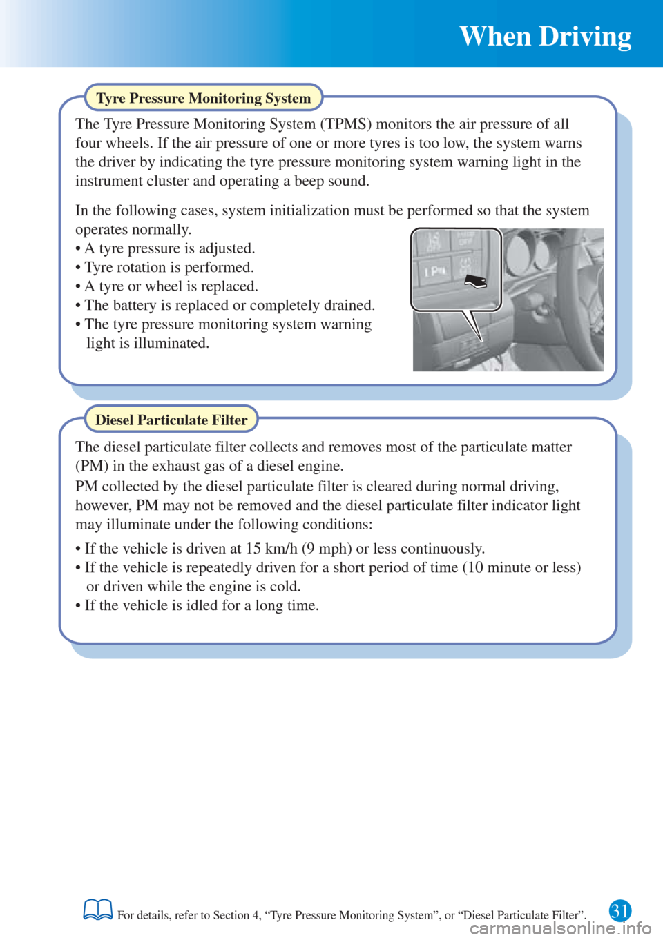 MAZDA MODEL 6 2016 Quick Guide (in English) When Driving
31For details, refer to Section 4, “Tyre Pressure Monitoring System”, or “Diesel Particulate Filter”.
Diesel Particulate Filter
The diesel particulate filter collects and removes MAZDA MODEL 6 2016 Quick Guide (in English) When Driving
31For details, refer to Section 4, “Tyre Pressure Monitoring System”, or “Diesel Particulate Filter”.
Diesel Particulate Filter
The diesel particulate filter collects and removes