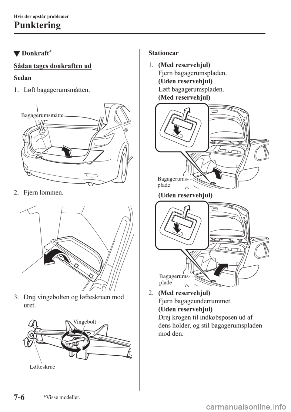 MAZDA MODEL 6 2016 Instruktionsbog (in Danish) tDonkraft*
Sådan tages donkraften ud
Sedan
1. Løft bagagerumsmåtten.
Bagagerumsmåtte
2. Fjern lommen.
3. Drej vingebolten og løfteskruen mod
uret.
Vingebolt
Løfteskrue
Stationcar
1.(Med re MAZDA MODEL 6 2016 Instruktionsbog (in Danish) tDonkraft*
Sådan tages donkraften ud
Sedan
1. Løft bagagerumsmåtten.
Bagagerumsmåtte
2. Fjern lommen.
3. Drej vingebolten og løfteskruen mod
uret.
Vingebolt
Løfteskrue
Stationcar
1.(Med re