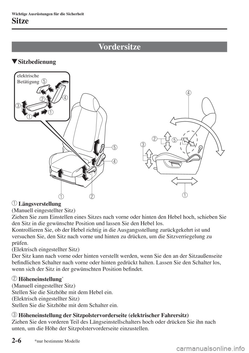 MAZDA MODEL 6 2016  Betriebsanleitung (in German) 2–6
Wichtige Ausrüstungen für die Sicherheit
Sitze
*nur bestimmte Modelle
 Vordersitze
                 Sitzbedienung
   
elektrische 
Betätigung
 
   
    Längsverstellung 
  (Manuell  eingeste