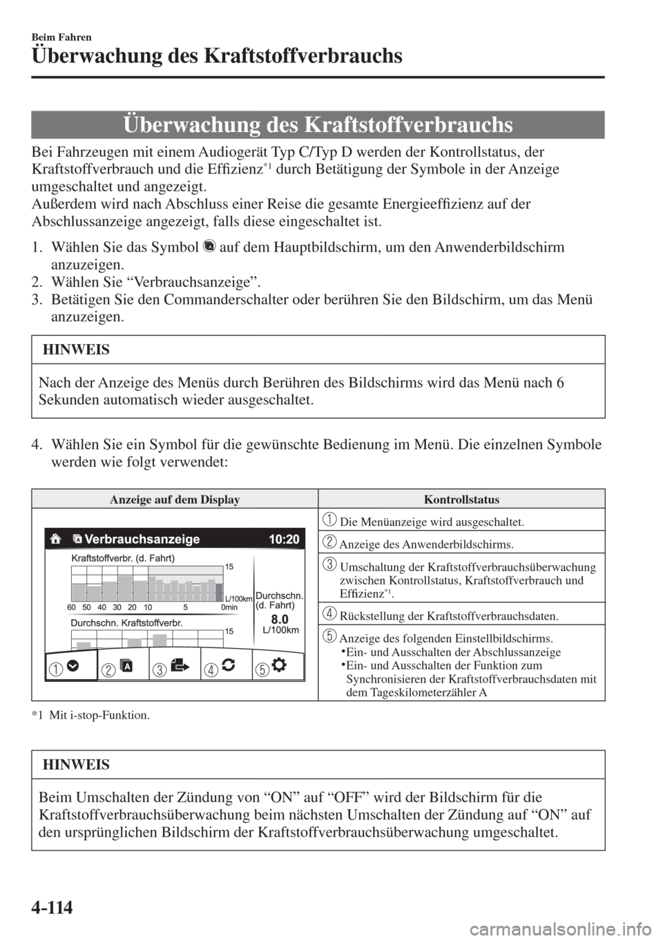 MAZDA MODEL 6 2016  Betriebsanleitung (in German) 4–114
Beim Fahren
Überwachung des Kraftstoffverbrauchs
      Überwachung  des  Kraftstoffverbrauchs
            Bei  Fahrzeugen  mit  einem  Audiogerät  Typ  C/Typ  D  werden  der  Kontrollstatus